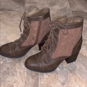 Brown leather/crochet lace boots